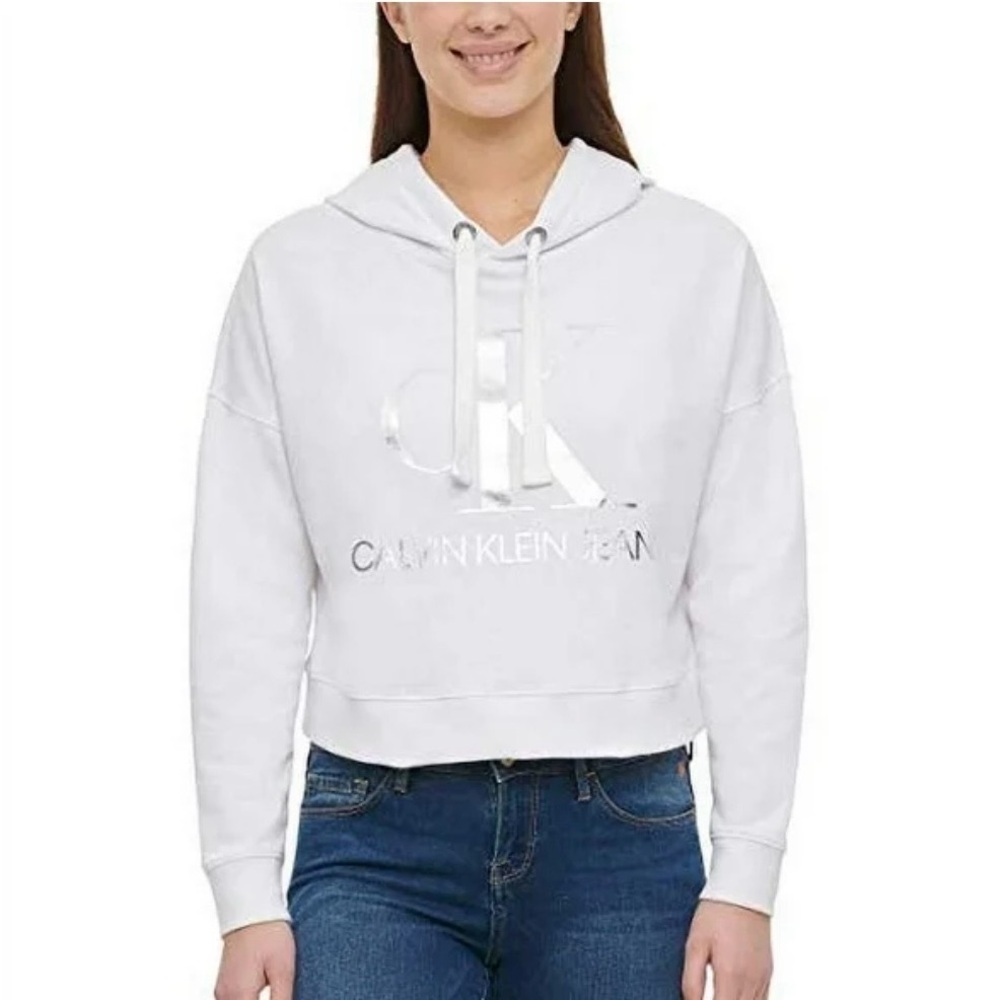Calvin Klein Jeans Women's Silver Logo White Hoodie